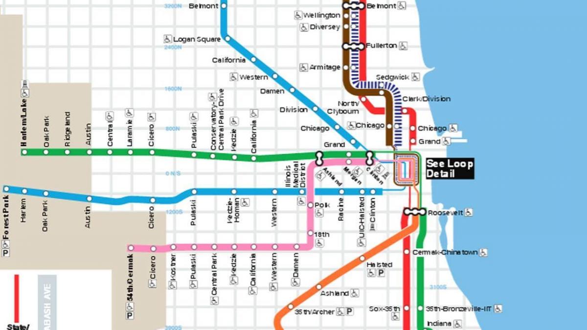 kaart van Chicago blauwe lijn