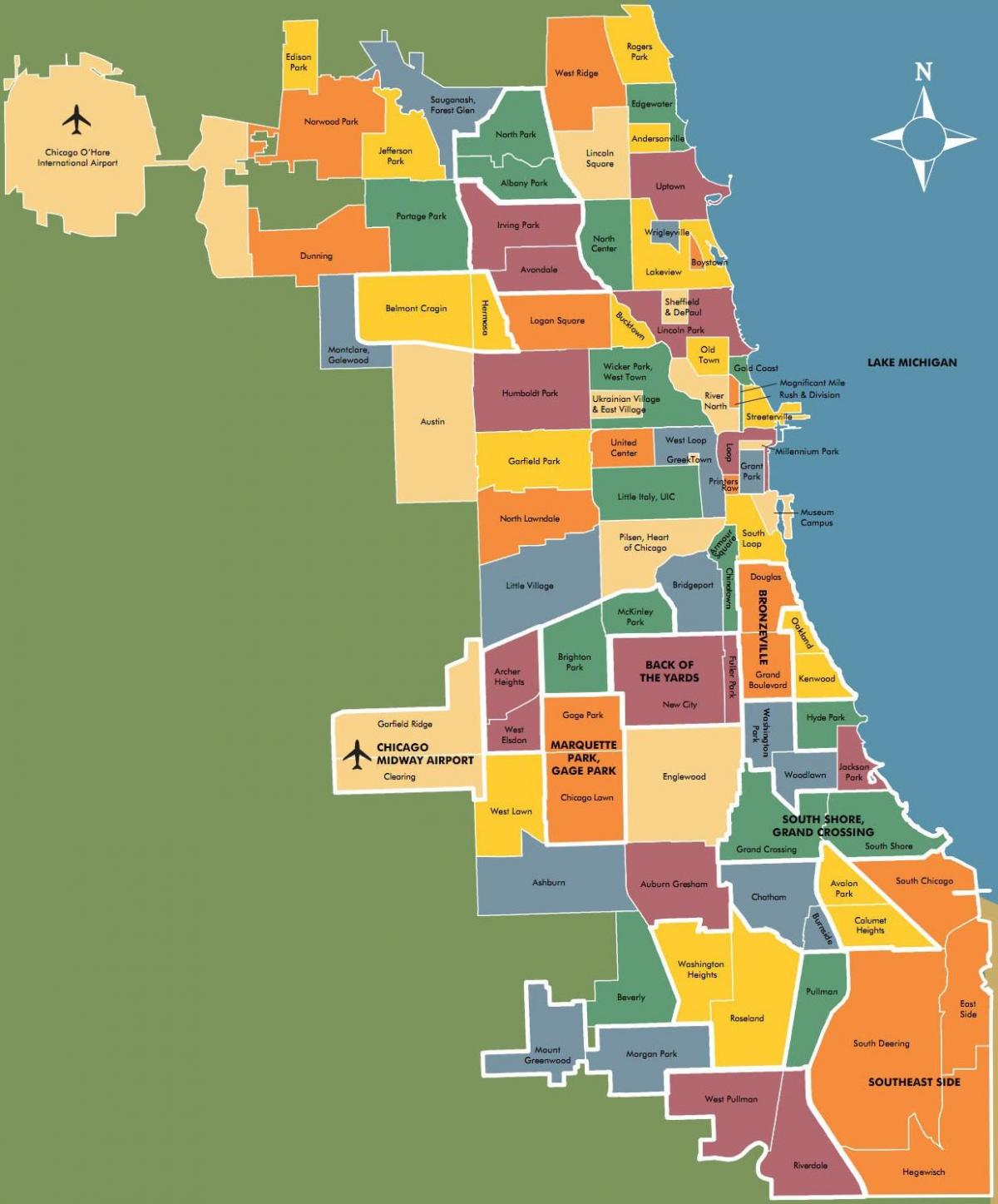 kaart van de verschillende buurten in Chicago